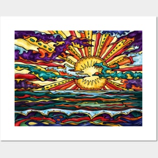 Golden sunset on beach landscape painting Posters and Art